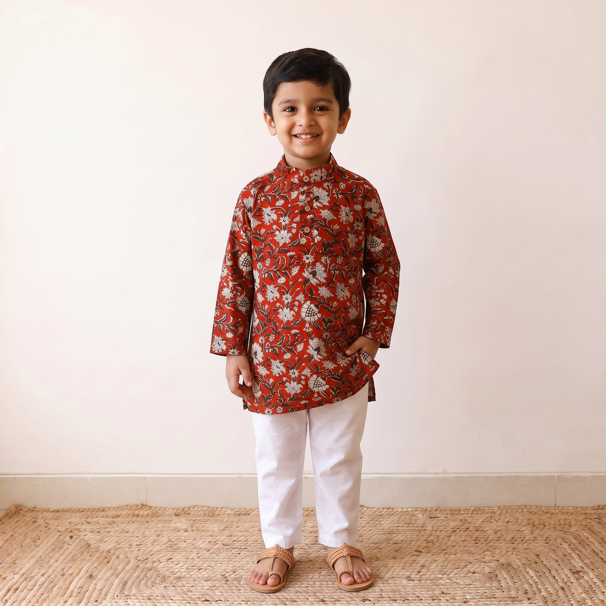 Red - kids pure cotton kurta in bagru block prints (3-4