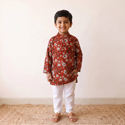 Red - kids pure cotton kurta in bagru block prints (3-4