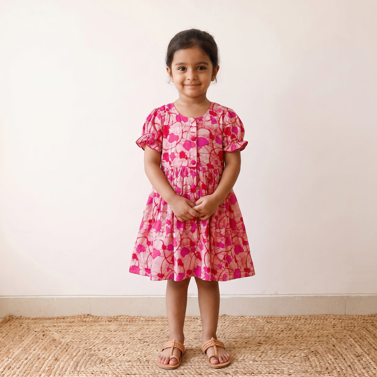 Pink - pure cotton girls frock dress in batik block prints