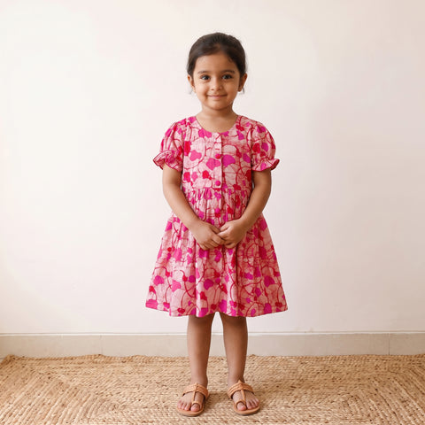 Pink - Pure Cotton Girls Frock Dress in Batik Block Prints (3-4 Years) 59