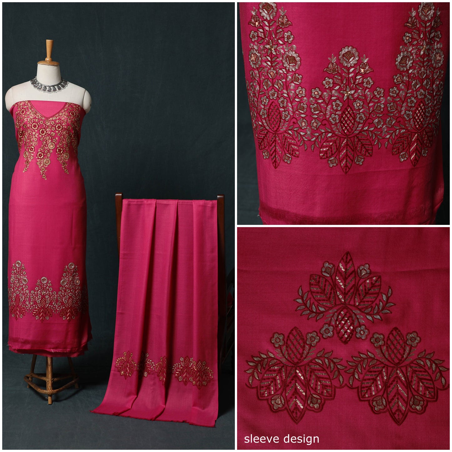 3pc Heavy Chain Stitch Embroidered Wool Unstitched Dress Material Suit Set 35
