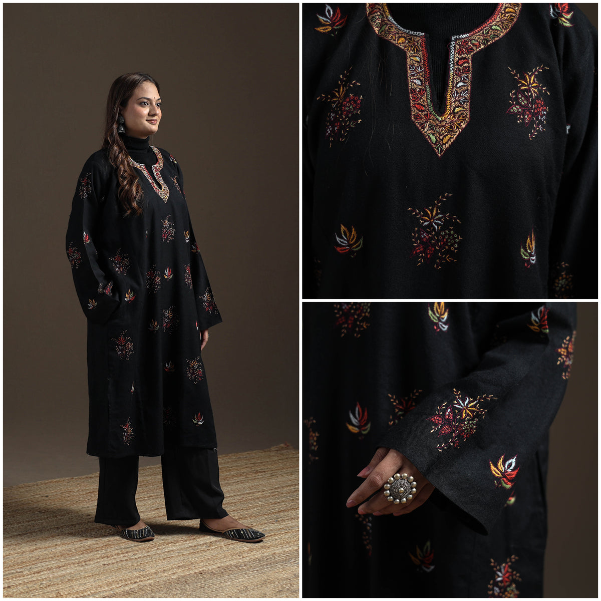 Kashmiri Heavy Sozni Hand Embroidered Handwoven Merino Wool Pheran 35