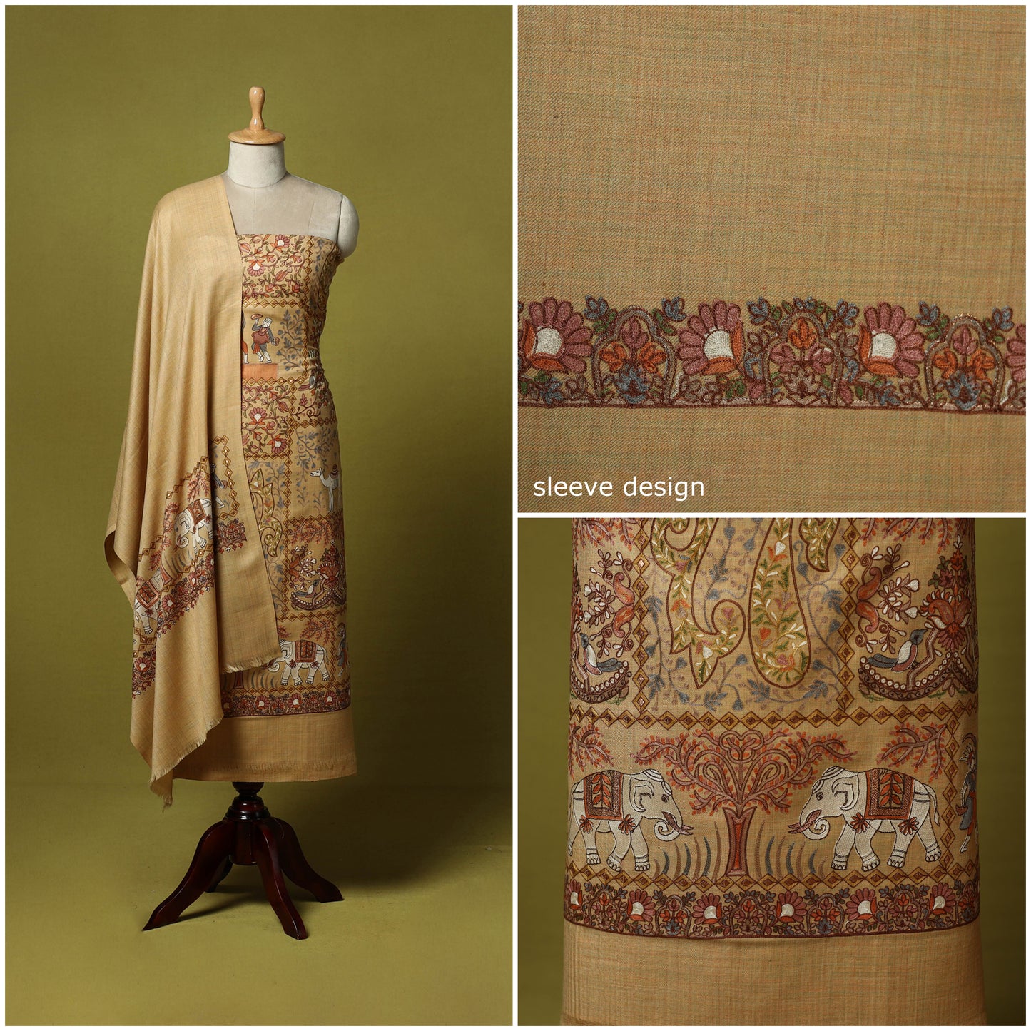 Beige - 3pc Heavy Chain Stitch Embroidered Merino Wool Unstitched Dress Material 45