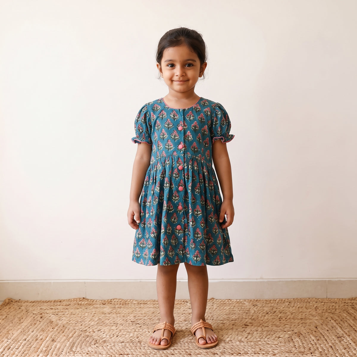 Blue - pure cotton girls frock dress in sanganeri floral