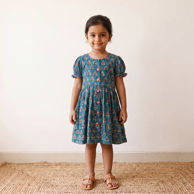Blue - pure cotton girls frock dress in sanganeri floral