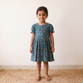 Blue - pure cotton girls frock dress in sanganeri floral