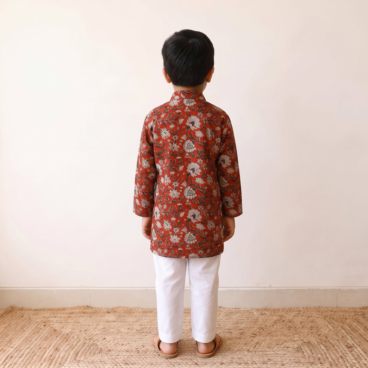 Red - kids pure cotton kurta in bagru block prints (3-4