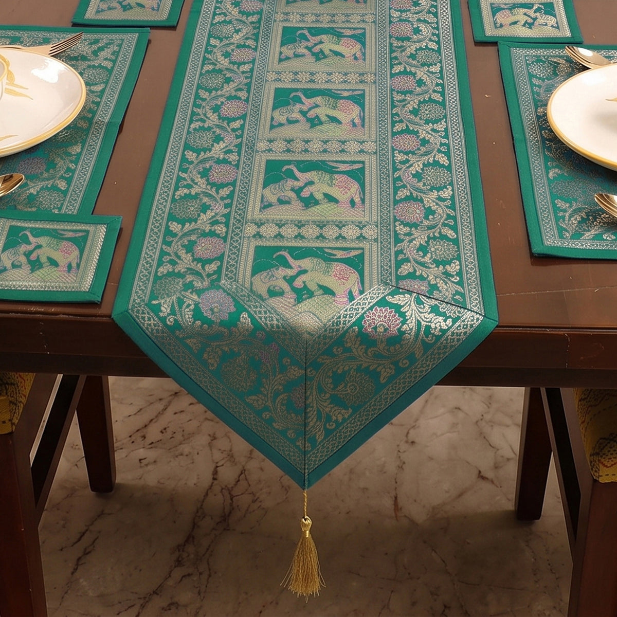 Brocade Banarasi Silk Dining Table Linen with 1 Runner, 6 mats and 6 coasters 13