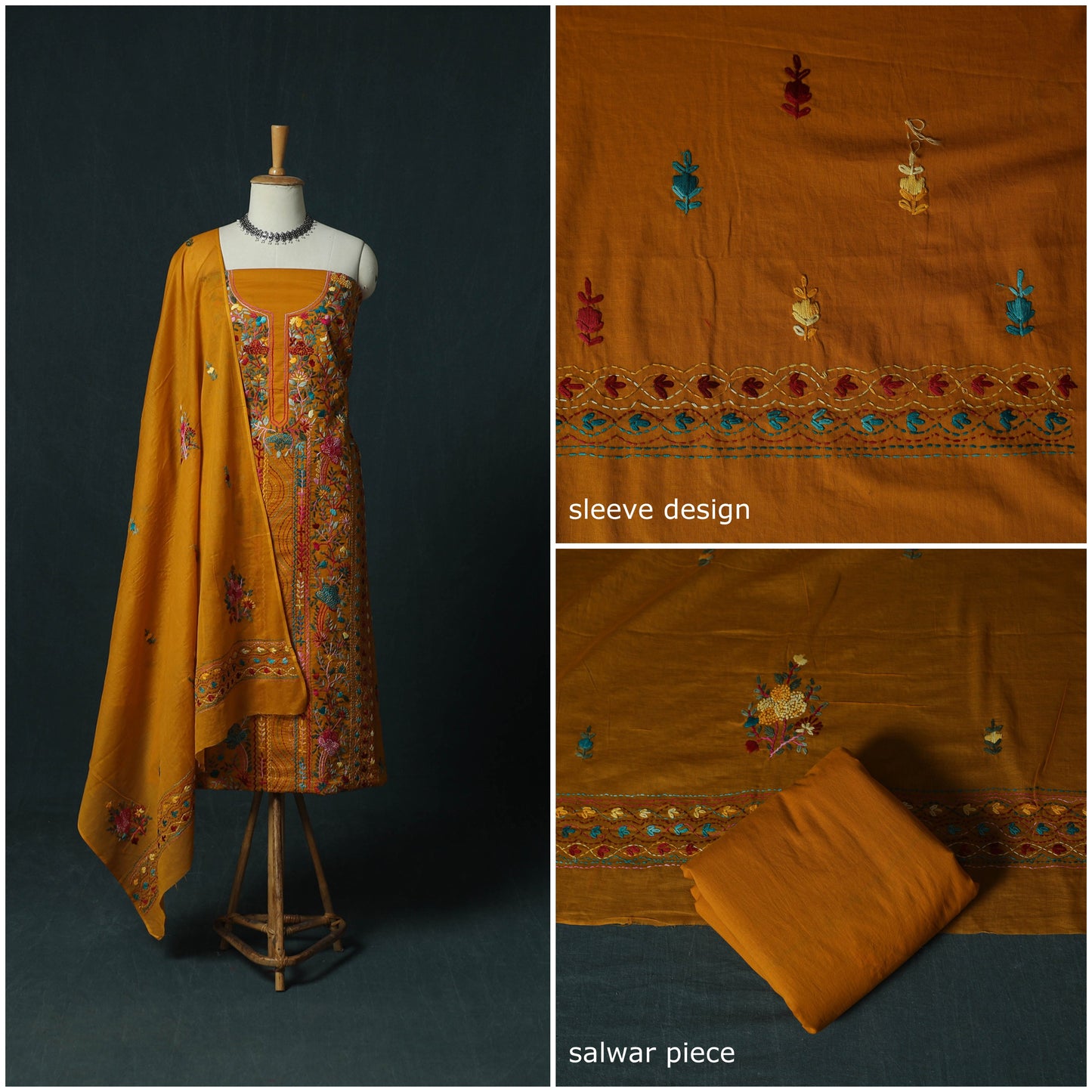 Orange - Hand Embroidered Cotton 3pc Unstitched Dress Material 66