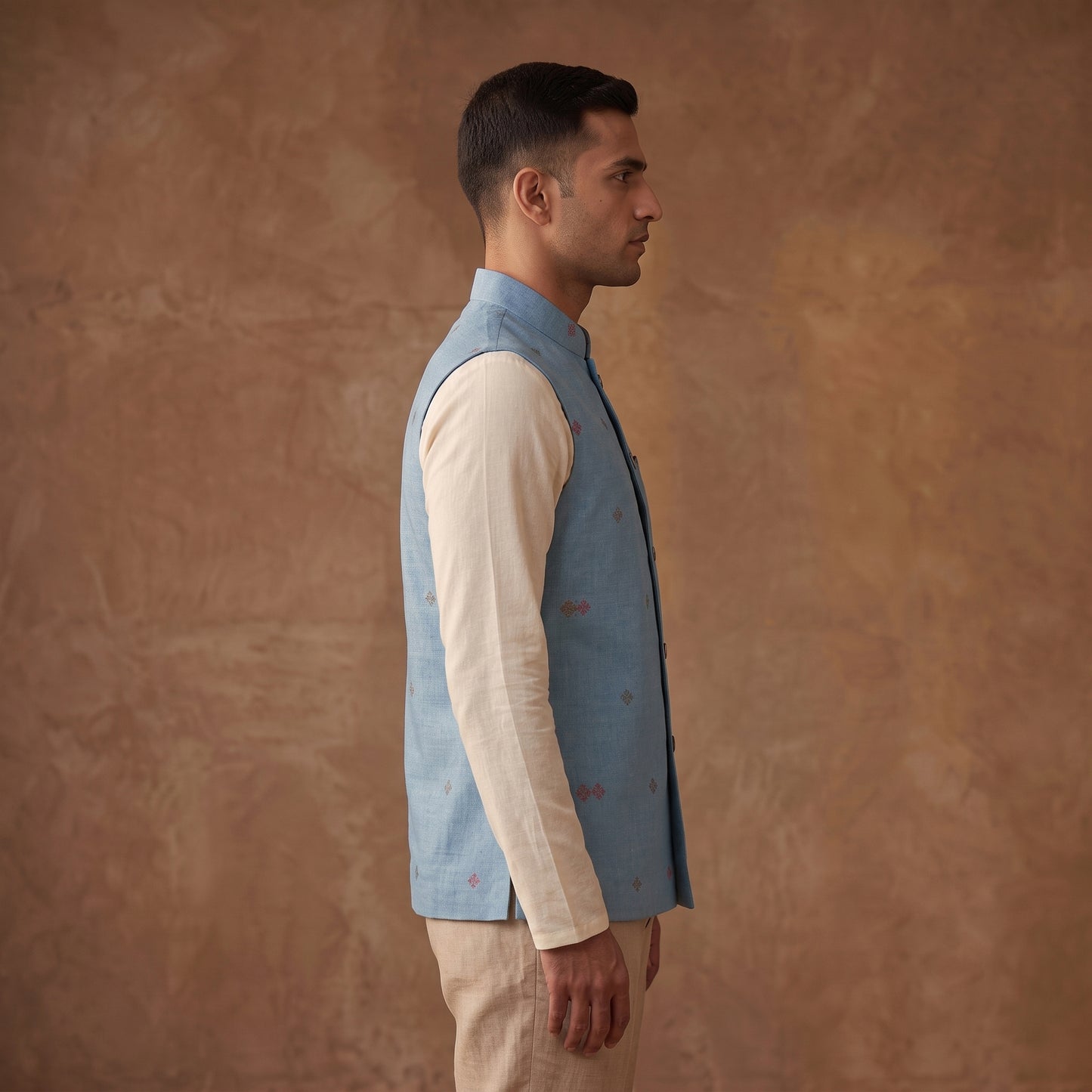 Handwoven Cotton Nehru Jacket for Men in Jamdani Buti of Srikakulam 13