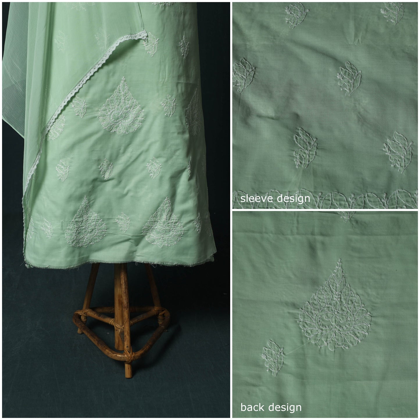 Green - Lucknowi Chikankari Hand Embroidered Cotton 3pc Unstitched Dress Material Suit Set 36