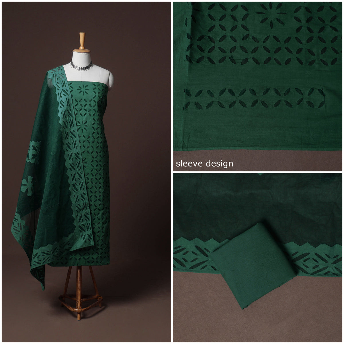 Applique Cutwork Cotton Unstitched Dress Material: Kurta, Bottom & Dupatta 36