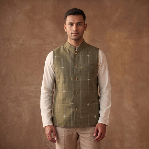 Handwoven Cotton Nehru Jacket for Men in Jamdani Buti of Srikakulam 12