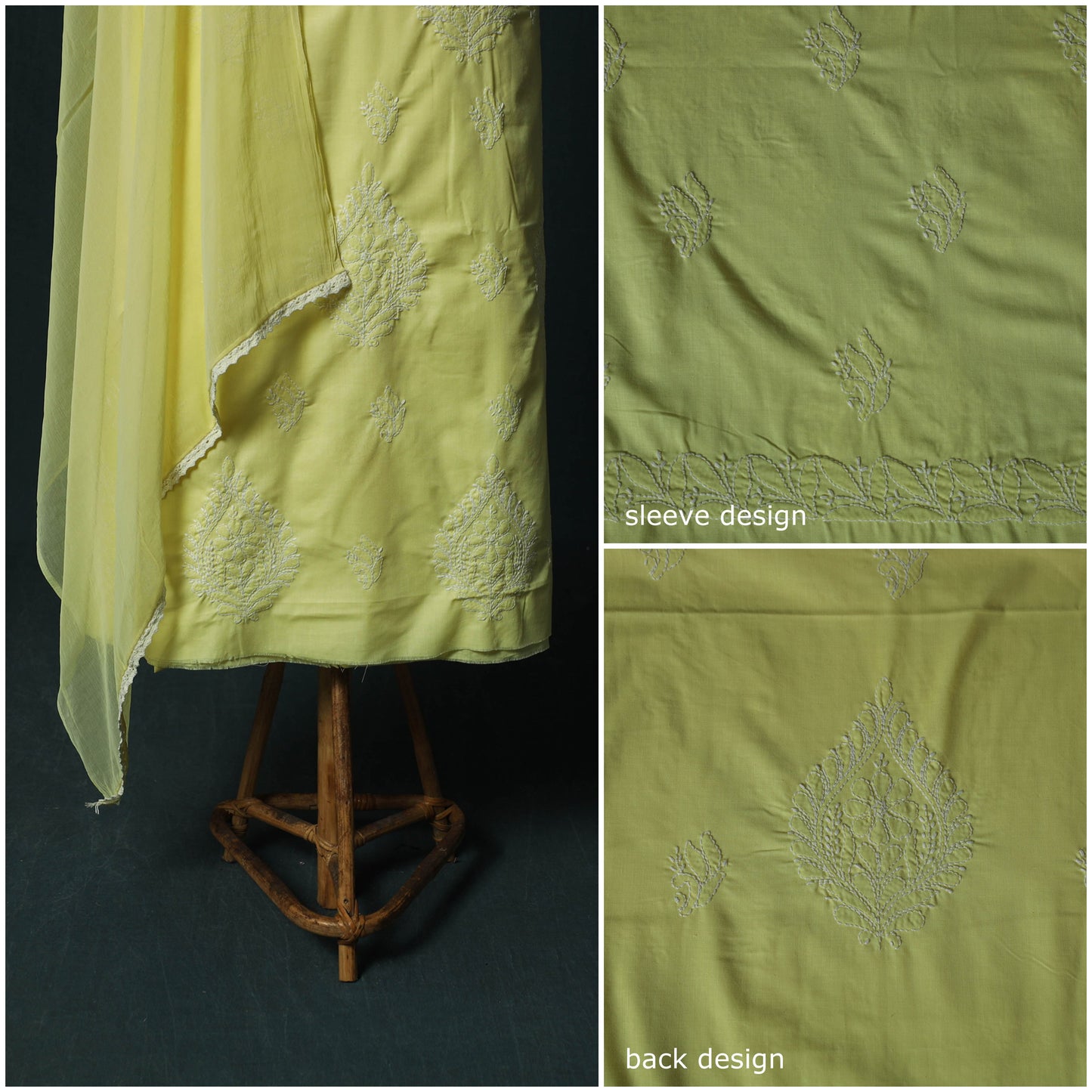 Yellow - Lucknowi Chikankari Hand Embroidered Cotton 3pc Unstitched Dress Material Suit Set 37