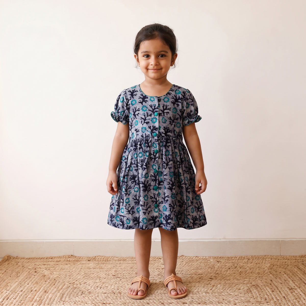 Blue - pure cotton girls frock dress in batik block prints