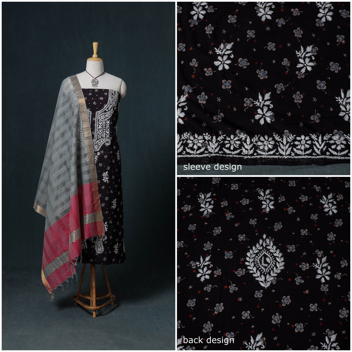Lucknowi Chikankari Hand Work Unstitched Dress Material: Kurta & Dupatta with Jewellery 37