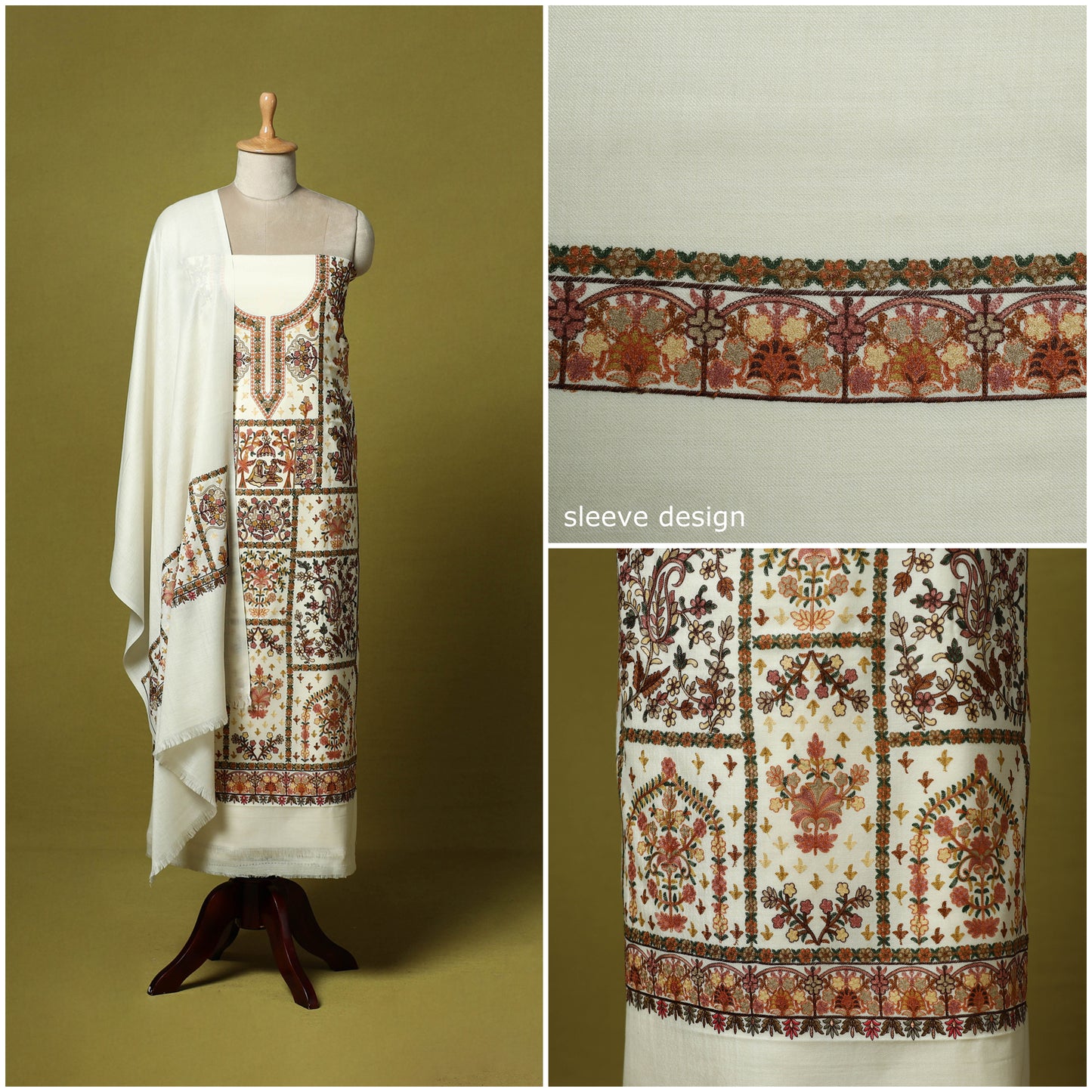 White - 3pc Heavy Chain Stitch Embroidered Merino Wool Unstitched Dress Material 48