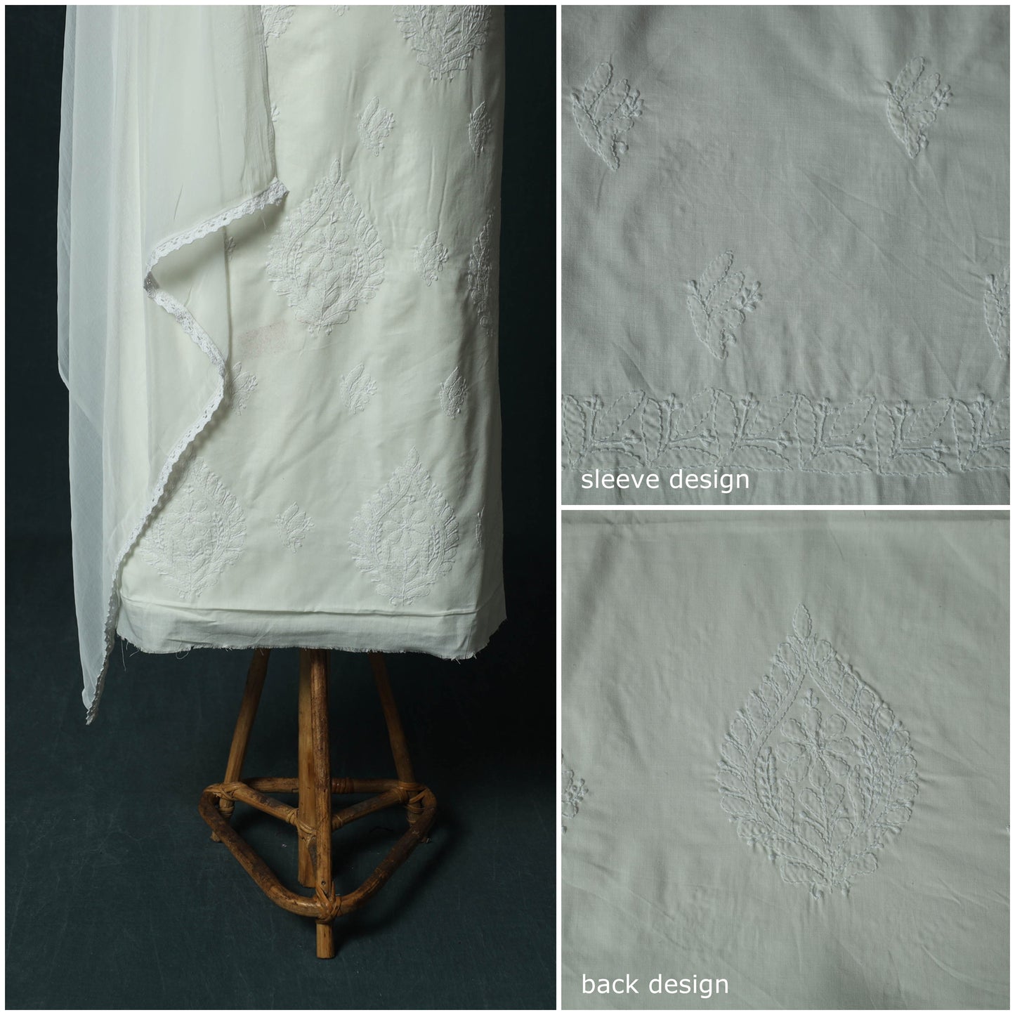 White - Lucknowi Chikankari Hand Embroidered Cotton 3pc Unstitched Dress Material Suit Set 38