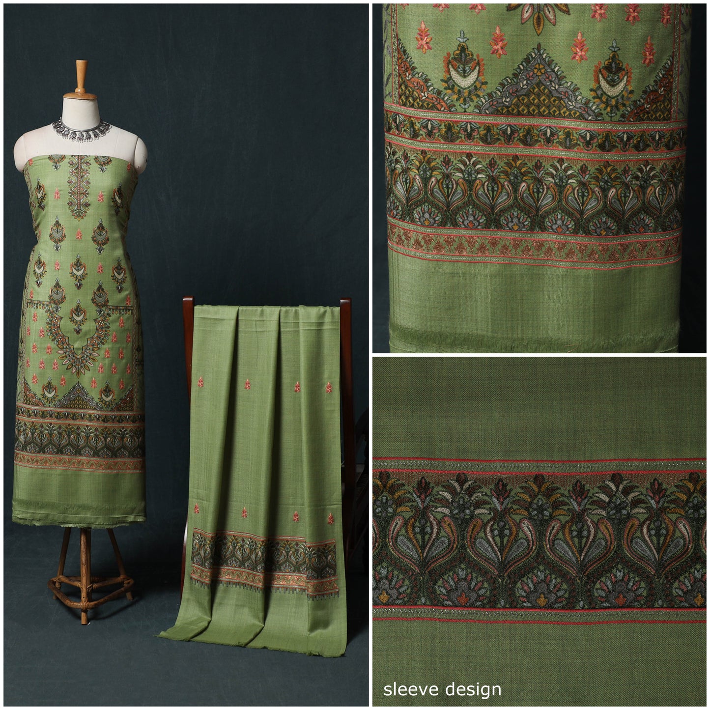 3pc Heavy Chain Stitch Embroidered Wool Unstitched Dress Material Suit Set 38