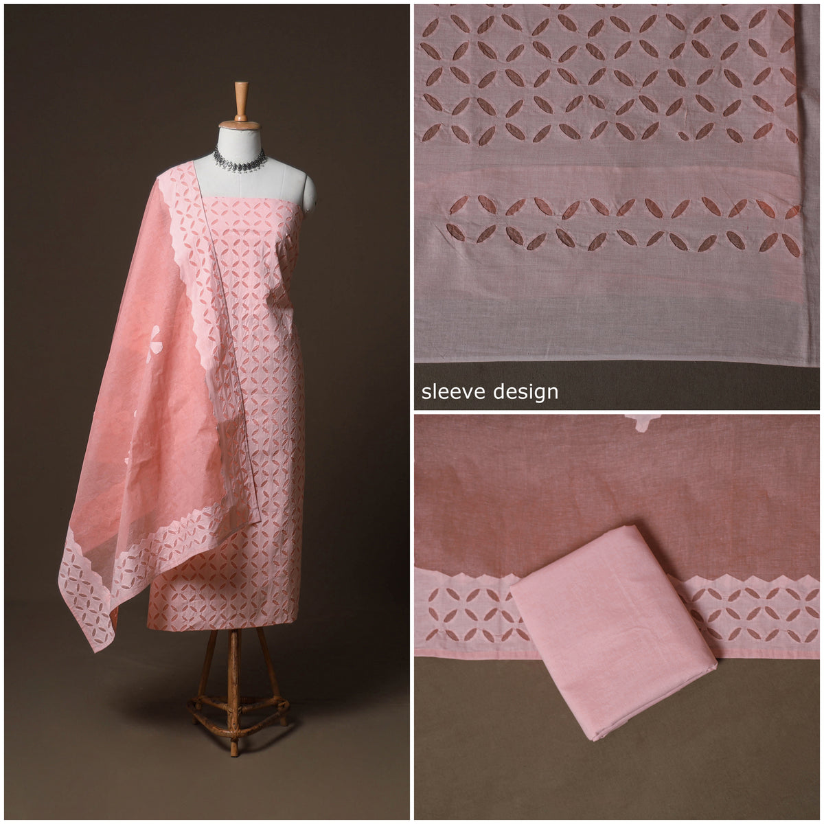 Applique Cutwork Cotton Unstitched Dress Material: Kurta, Bottom & Dupatta 38