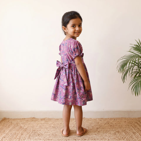 Purple - Pure Cotton Girls Frock Dress in Sanganeri Floral Prints (3-4 Years) 02