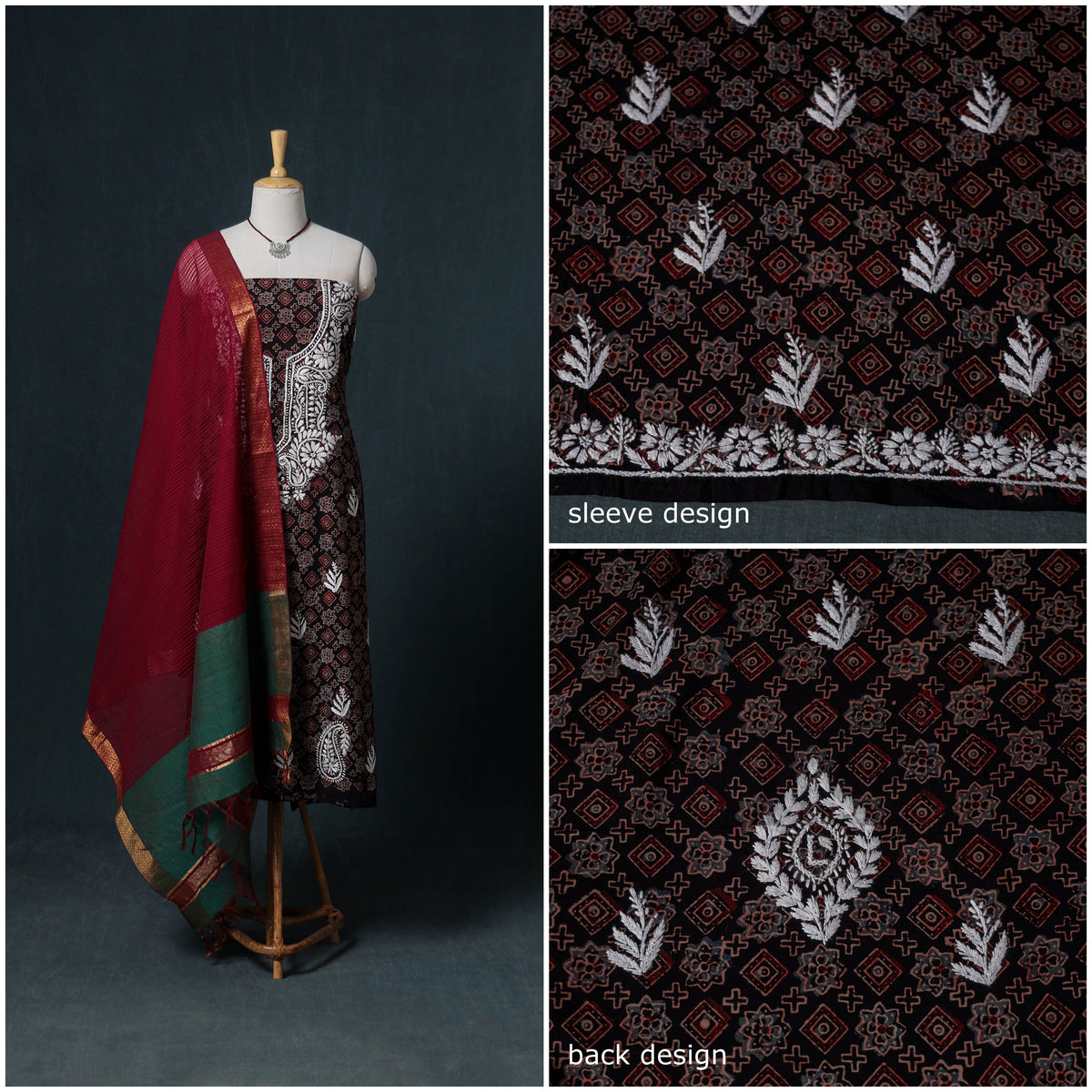 Lucknowi Chikankari Hand Work Unstitched Dress Material: Kurta & Dupatta with Jewellery 38