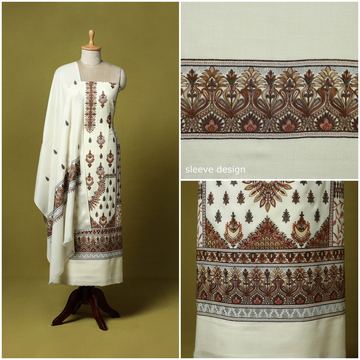 White - 3pc Heavy Chain Stitch Embroidered Merino Wool Unstitched Dress Material 49