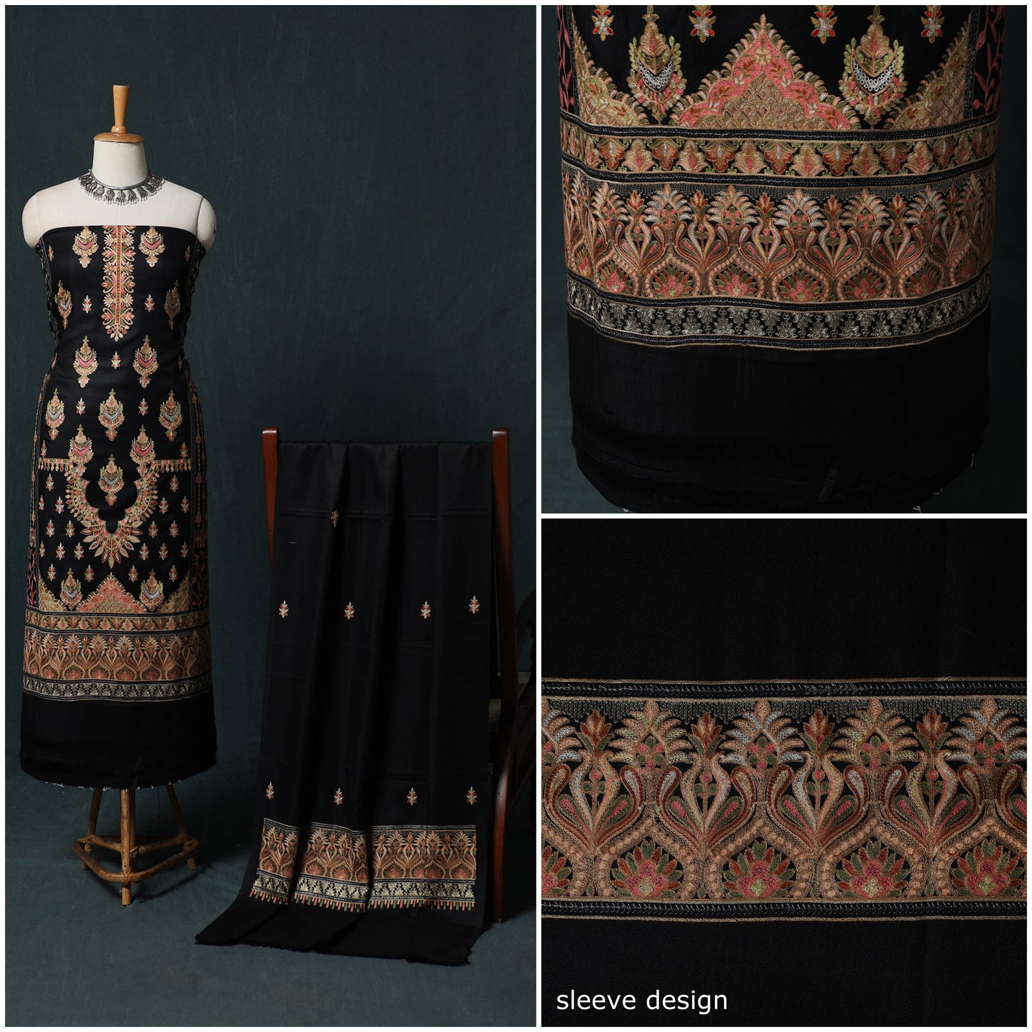 3pc Heavy Chain Stitch Embroidered Wool Unstitched Dress Material Suit Set 39