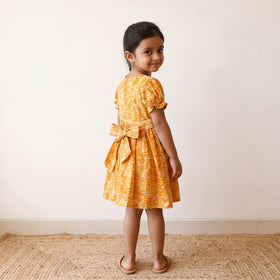 Yellow - pure cotton girls frock dress in batik block