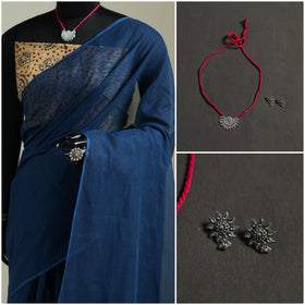 Blue - Nazaakat Kota Doria Cotton Plain Saree with Blouse & Jewellery Set 67