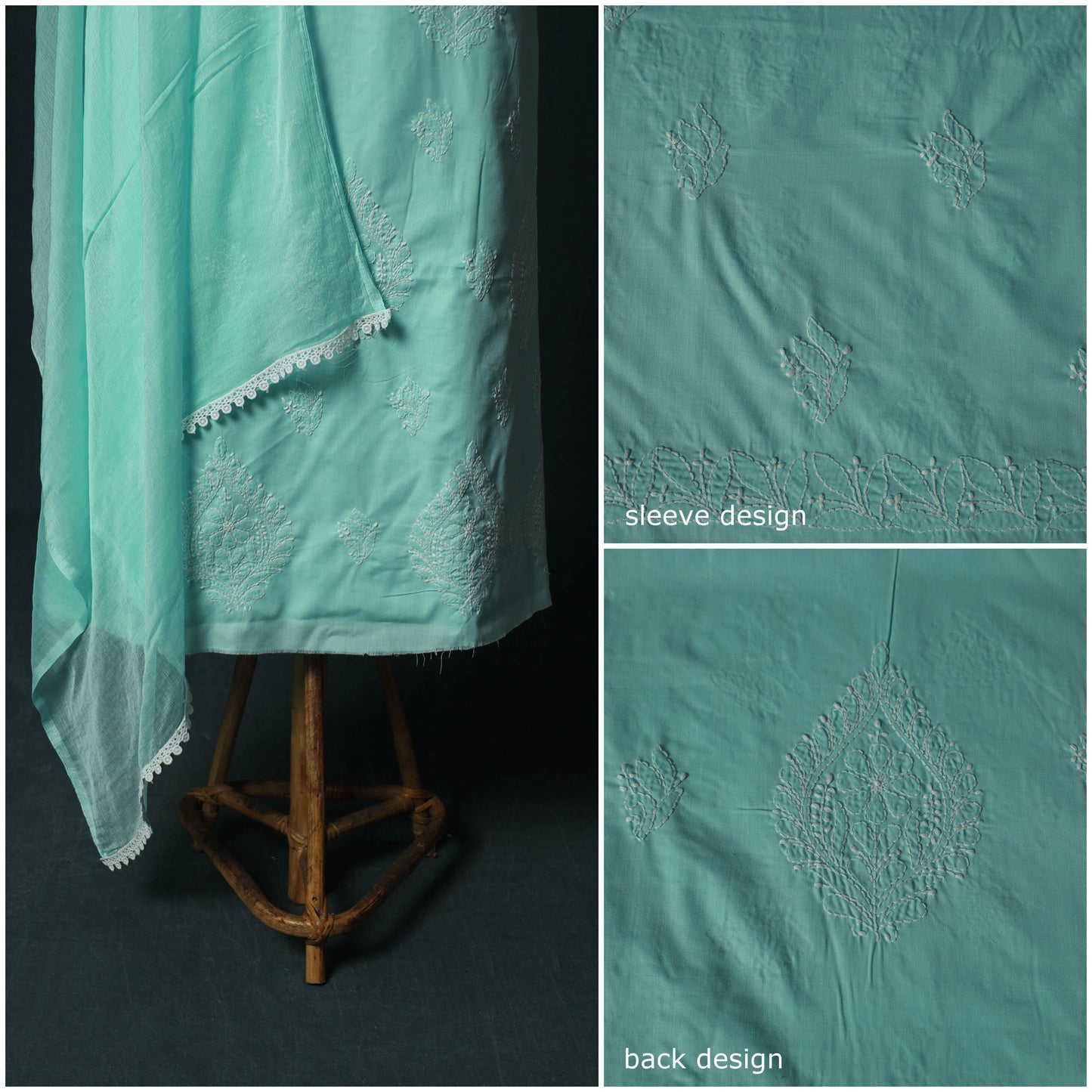 Blue - Lucknowi Chikankari Hand Embroidered Cotton 3pc Unstitched Dress Material Suit Set 39