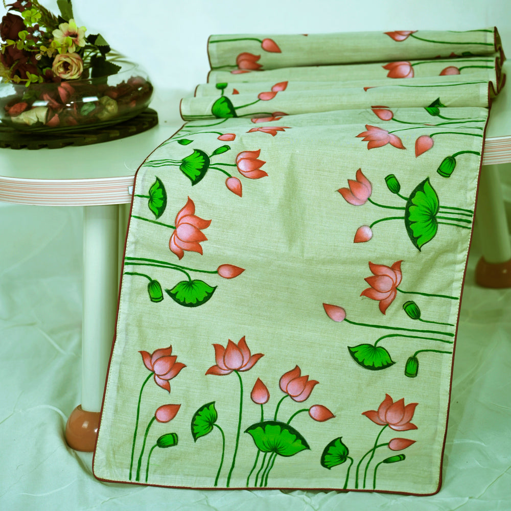 Madhubani Handpainted Chanderi Table Runner & Table Mats Set