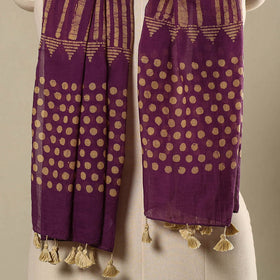 Purple - mul cotton hand batik stole with tassels 13