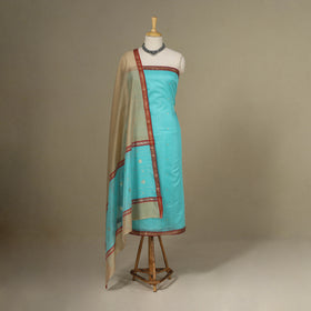 Blue - 3pc Handloom Nakshi Zari Unstitched Chanderi Silk Dress Material 