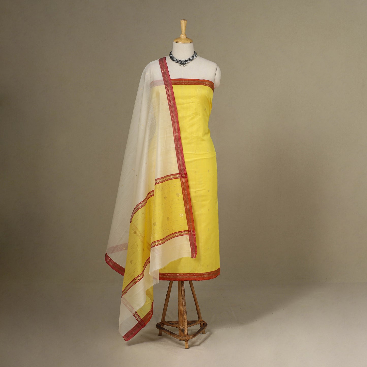 Yellow - 3pc Handloom Nakshi Zari Unstitched Chanderi Silk Dress Material 