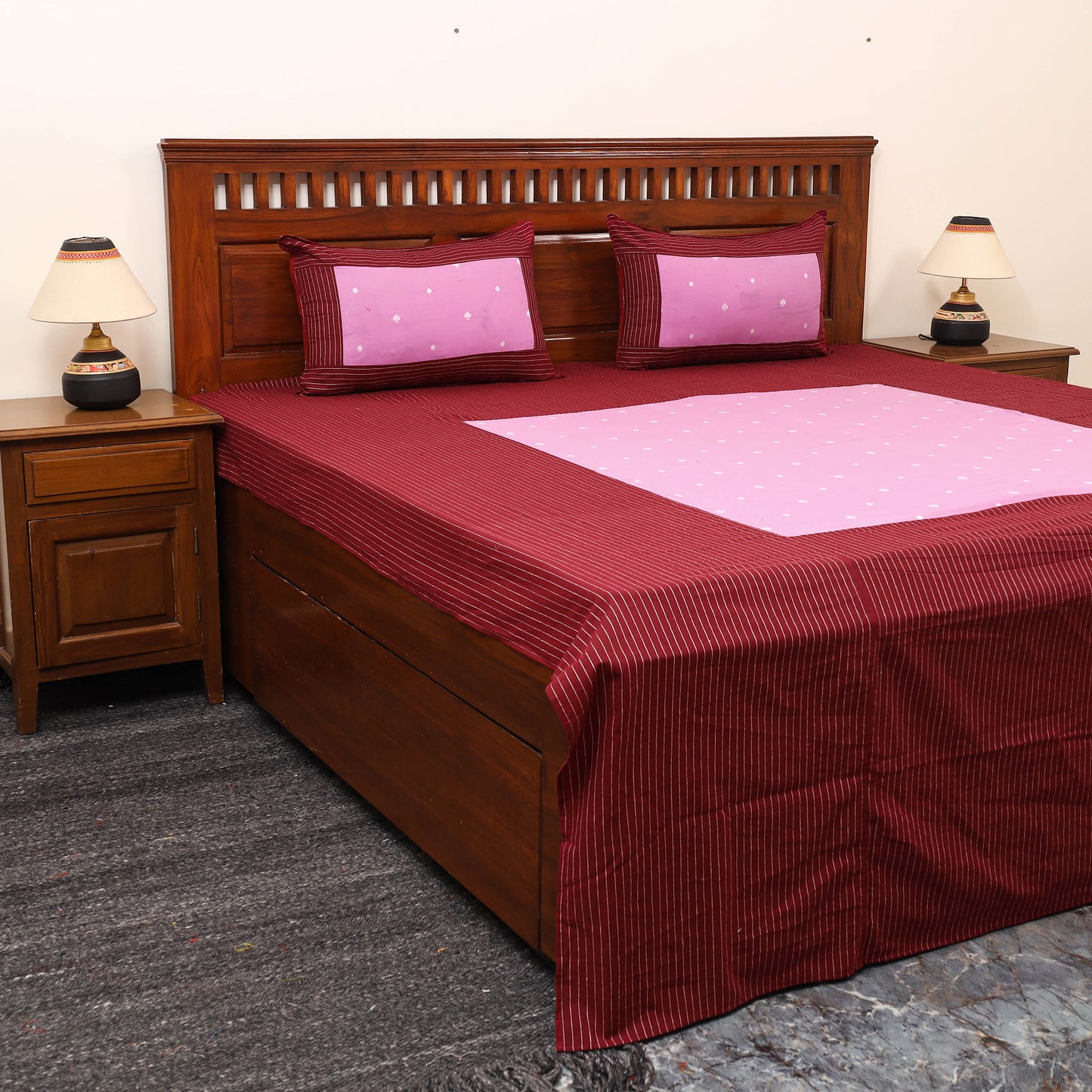 Maroon - Patchwork Cotton Double Jacquard Bedsheet Set 19