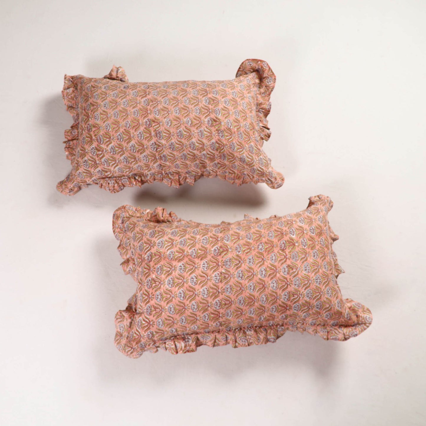 Pink - Set of 2 Sanganeri Block Print Cotton Frill Pillow Covers 15