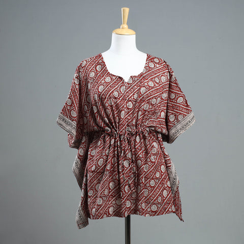 Red - Bagh Block Printed Cotton Kaftan with Tie-Up Waist (Short)