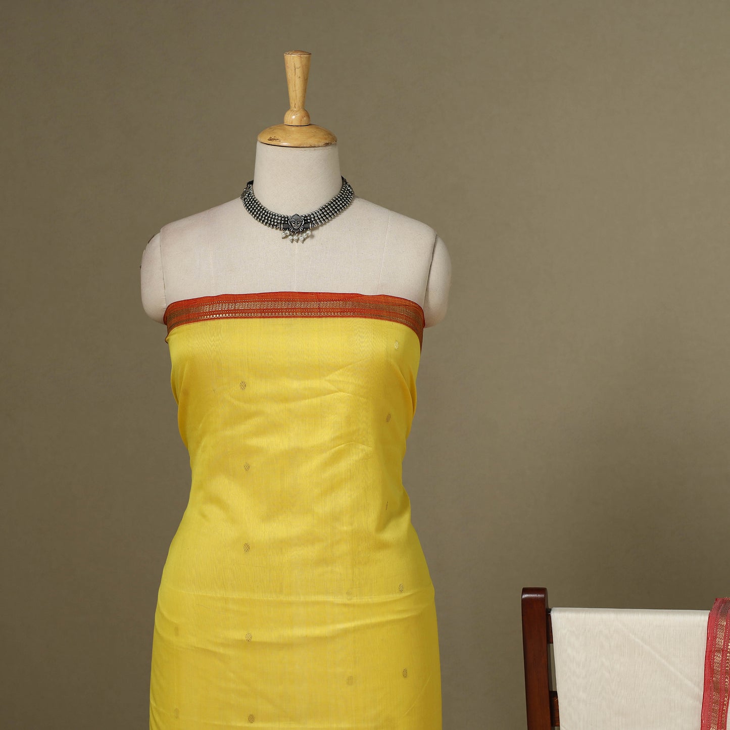 Yellow - 3pc Handloom Nakshi Zari Unstitched Chanderi Silk Dress Material 