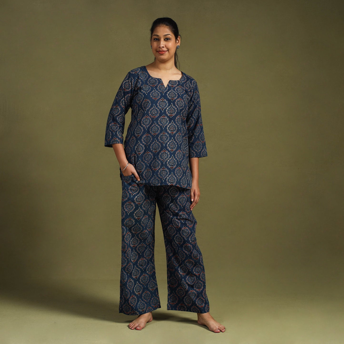 Blue Cotton Ajrakh Block Print Night Suit Set