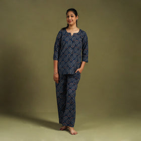 Blue Cotton Ajrakh Block Print Night Suit Set