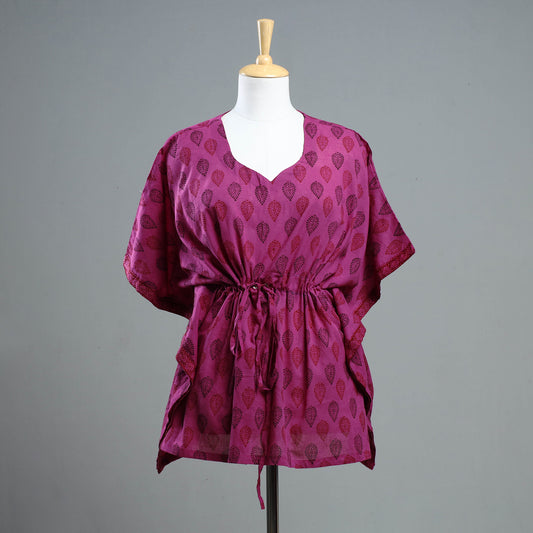 Pink - Bagh Block Printed Cotton Kaftan with Tie-Up Waist (Short)