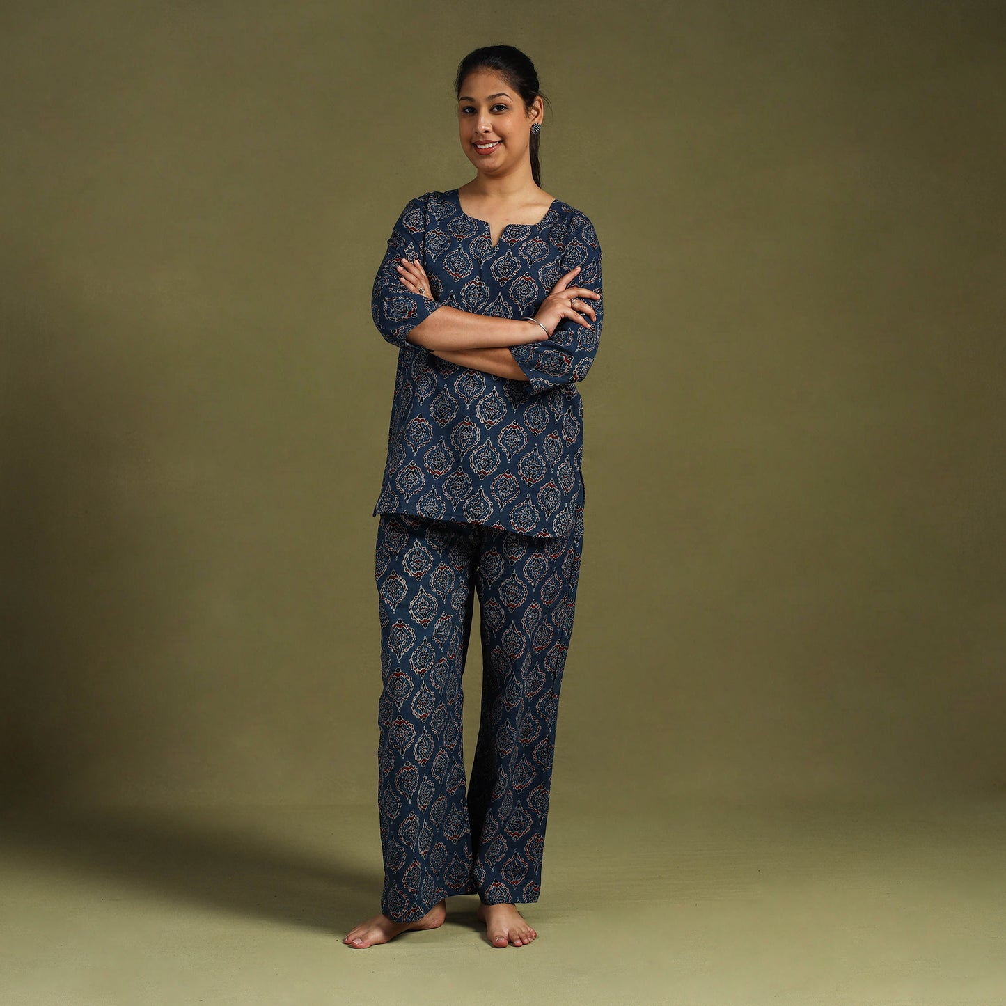 Blue Cotton Ajrakh Block Print Night Suit Set