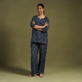 Blue Cotton Ajrakh Block Print Night Suit Set
