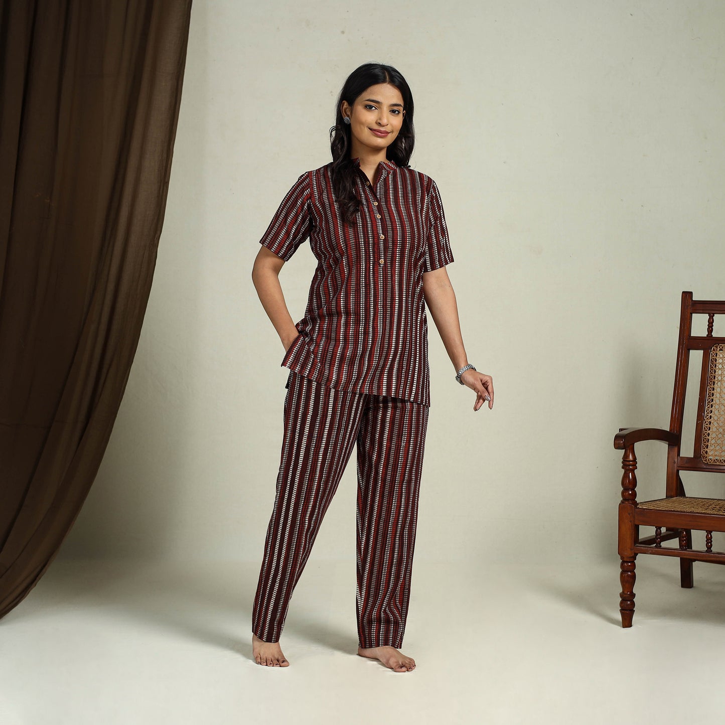  Maroon Block Print Cotton Bagru Night Suit Set