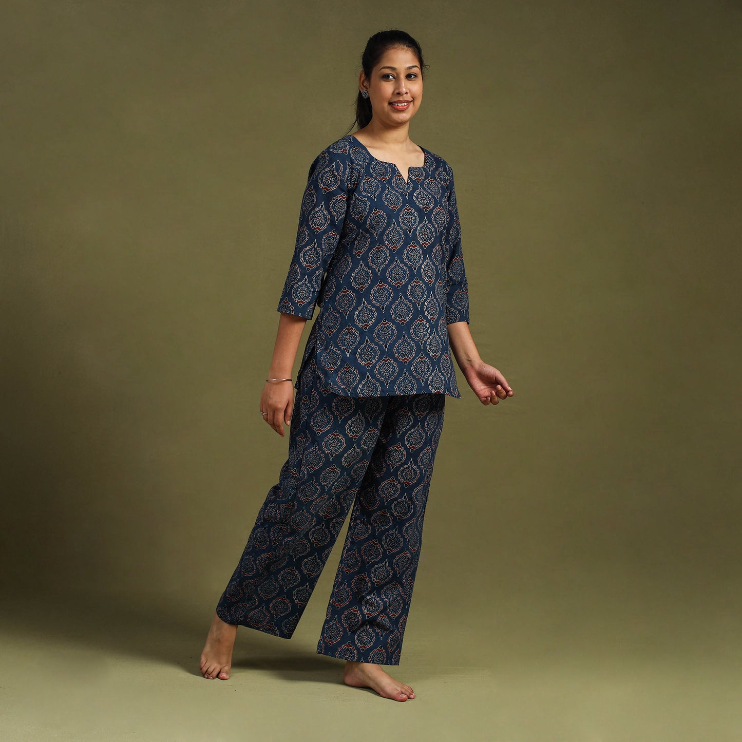 Blue Cotton Ajrakh Block Print Night Suit Set