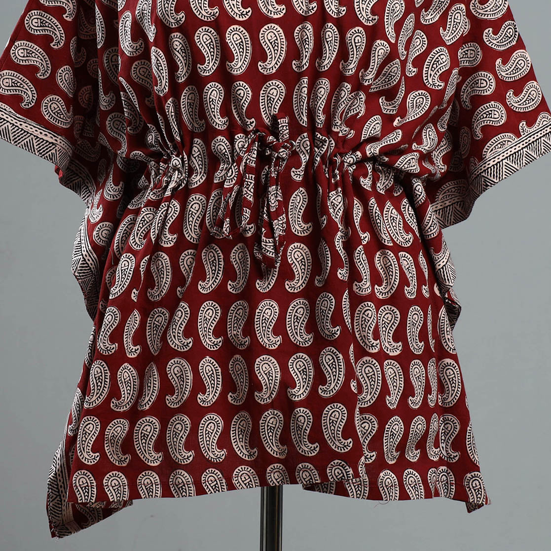 Red - Bagh Block Printed Cotton Kaftan with Tie-Up Waist (Short)