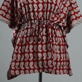 Red - Bagh Block Printed Cotton Kaftan with Tie-Up Waist (Short)