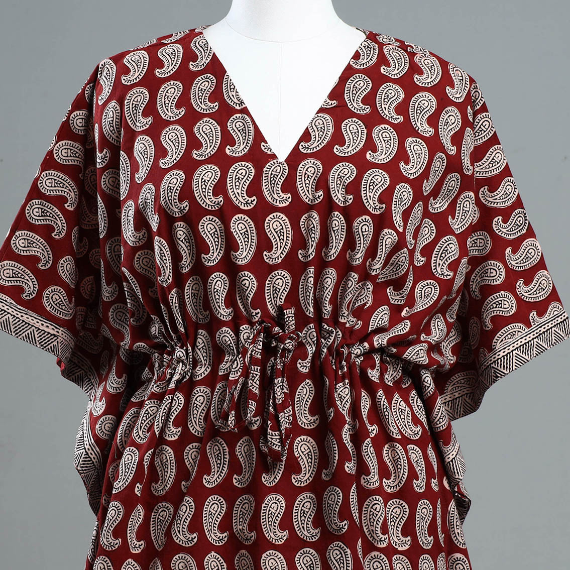 Red - Bagh Block Printed Cotton Kaftan with Tie-Up Waist (Short)