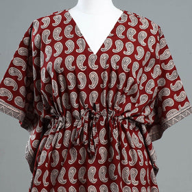 Red - Bagh Block Printed Cotton Kaftan with Tie-Up Waist (Short)